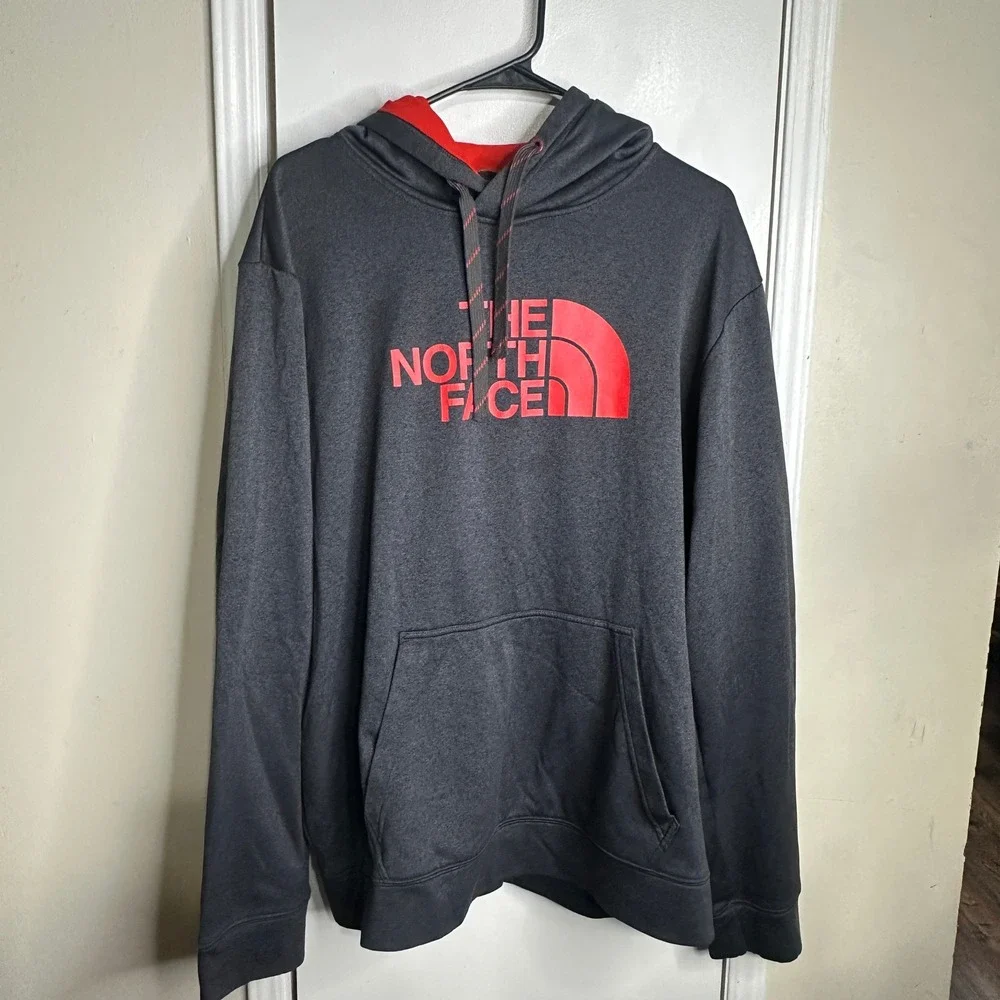 The North Face Mens XL Grey Red Logo Pullover Fleece Hoodie Sweatshirt READ